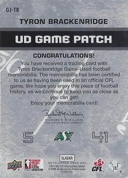 2014 Upper Deck CFL - UD Game Jersey #GJ-TB Tyron Brackenridge Back