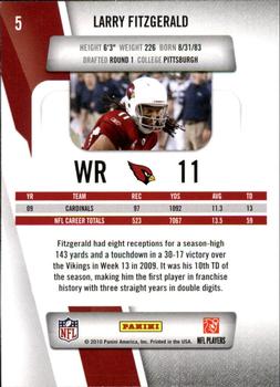 2010 Panini Prestige #5 Larry Fitzgerald Back