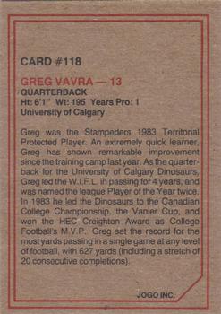 1984 JOGO #118 Greg Vavra Back