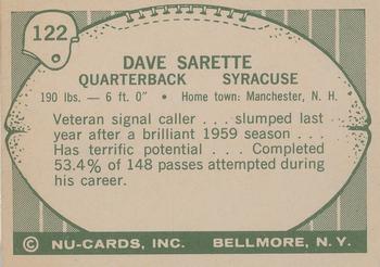 1961 Nu-Cards Football Stars #122 Dave Sarette Back