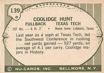 1961 Nu-Cards Football Stars #139 Coolidge Hunt Back