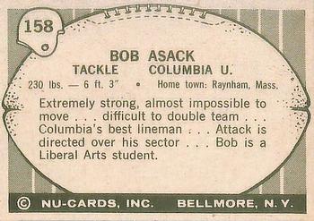 1961 Nu-Cards Football Stars #158 Robert Asack Back