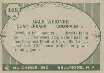1961 Nu-Cards Football Stars #168 Gale Weidner Back