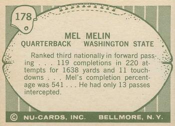 1961 Nu-Cards Football Stars #178 Mel Melin Back