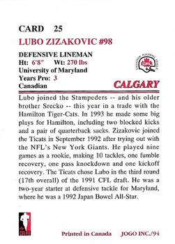 1994 JOGO #25 Lubo Zizakovic Back