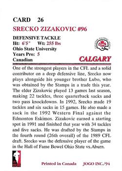 1994 JOGO #26 Srecko Zizakovic Back