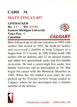 1994 JOGO #34 Matt Finlay Back