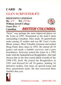 1994 JOGO #36 Glen Scrivener Back