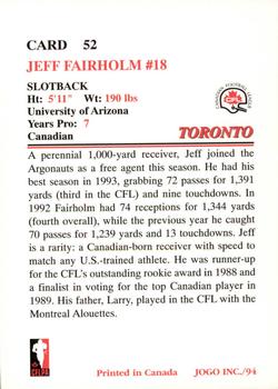 1994 JOGO #52 Jeff Fairholm Back