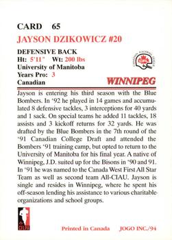 1994 JOGO #65 Jayson Dzikowicz Back