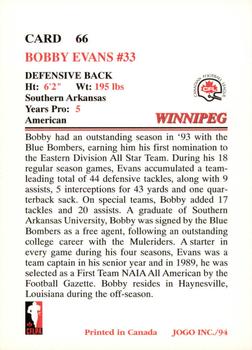 1994 JOGO #66 Bobby Evans Back