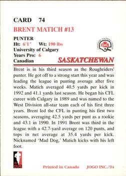 1994 JOGO #74 Brent Matich Back