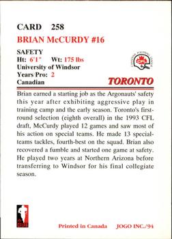 1994 JOGO #258 Brian McCurdy Back