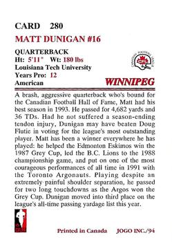 1994 JOGO #280 Matt Dunigan Back