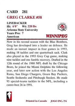1994 JOGO #281 Greg Clark Back