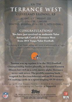 2014 Topps Valor - Autographs Speed #VA-TW Terrance West Back