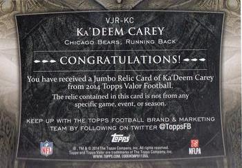 2014 Topps Valor - Jumbo Relics #VJR-KC Ka'Deem Carey Back