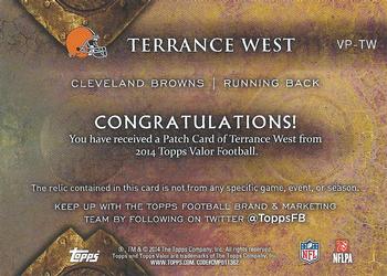2014 Topps Valor - Patches #VP-TW Terrance West Back