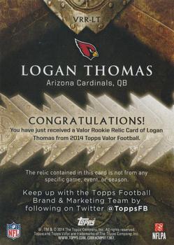 2014 Topps Valor - Rookie Relics Courage #VRR-LT Logan Thomas Back
