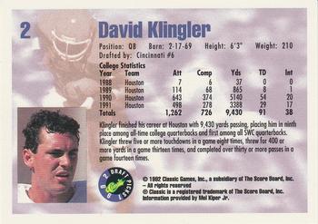1992 Classic Draft Picks #2 David Klingler  Back