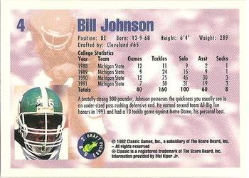1992 Classic Draft Picks #4 Bill Johnson  Back