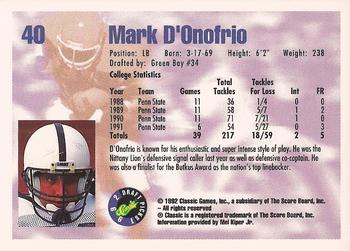 1992 Classic Draft Picks #40 Mark D'Onofrio  Back