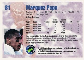 1992 Classic Draft Picks #81 Marquez Pope  Back