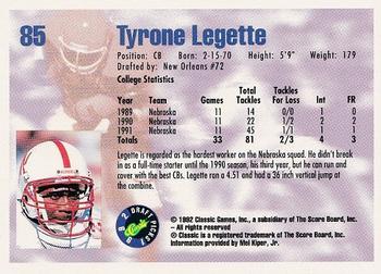 1992 Classic Draft Picks #85 Tyrone Legette  Back
