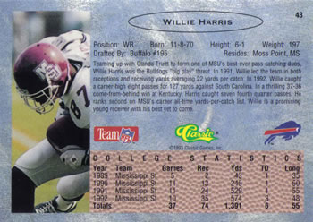 1993 Classic #43 Willie Harris  Back