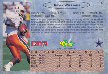 1993 Classic #53 Kevin Williams  Back