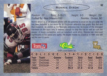 1993 Classic #62 Ronnie Dixon Back