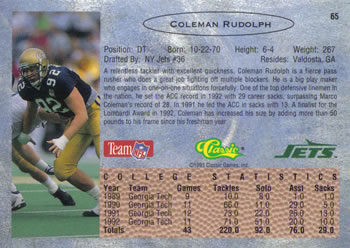 1993 Classic #65 Coleman Rudolph  Back
