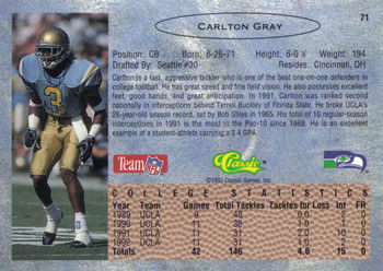 1993 Classic #71 Carlton Gray  Back