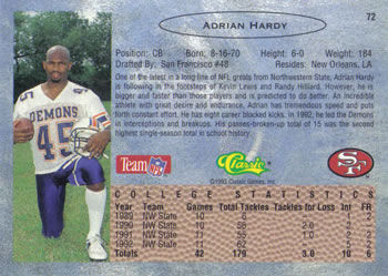 1993 Classic #72 Adrian Hardy  Back