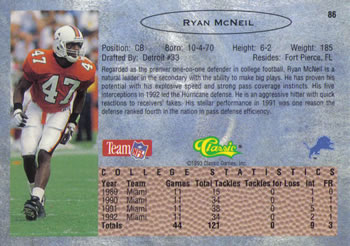 1993 Classic #86 Ryan McNeil  Back