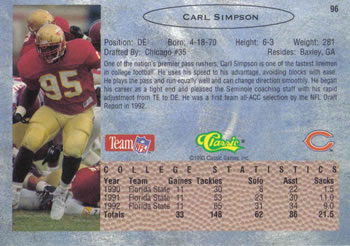 1993 Classic #96 Carl Simpson  Back