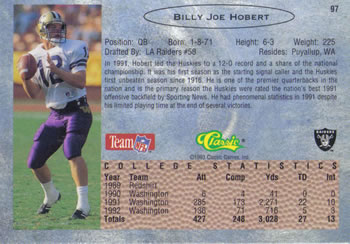 1993 Classic #97 Billy Joe Hobert  Back