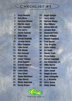 1993 Classic #99 Checklist 1: 1-50 Back