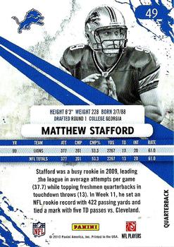 2010 Panini Rookies & Stars #49 Matthew Stafford  Back