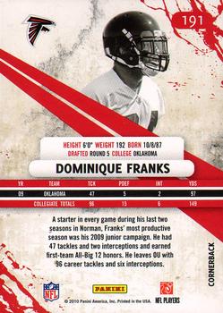 2010 Panini Rookies & Stars #191 Dominique Franks  Back