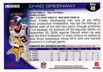 2010 Topps #49 Chad Greenway  Back