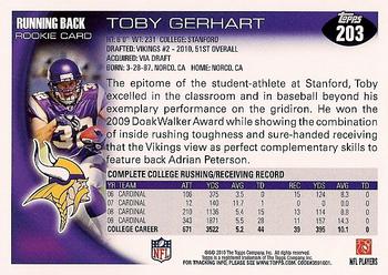 2010 Topps #203 Toby Gerhart  Back