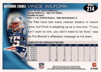 2010 Topps #214 Vince Wilfork  Back