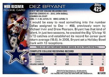 2010 Topps #425 Dez Bryant Back