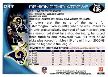 2010 Topps #436 Oshiomogho Atogwe Back