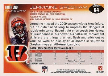 2010 Topps #64 Jermaine Gresham  Back