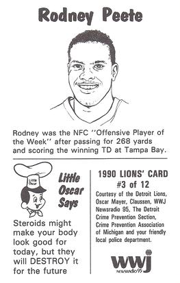 1990 Detroit Lions Police #3 Rodney Peete Back