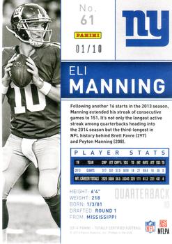 2014 Panini Totally Certified - Mirror Platinum Blue #61 Eli Manning Back