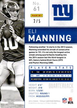 2014 Panini Totally Certified - Mirror Platinum Gold #61 Eli Manning Back