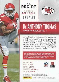 2014 Panini Totally Certified - Rookie Roll Call Jerseys #RRC-DT De'Anthony Thomas Back